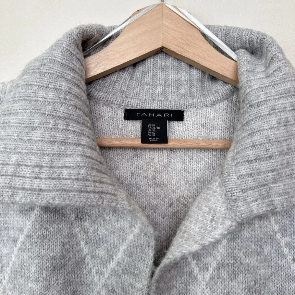 Tahari Womens Xlarge Argyle Long Grey Open Cardigan - Picture 11 of 15